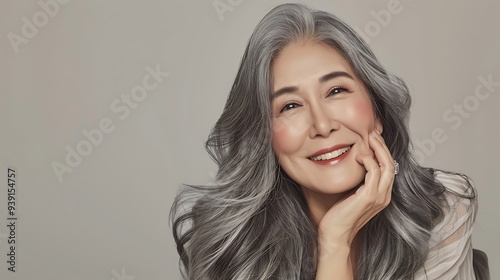 A smiling elderly woman with long gray hair, showcasing beauty and confidence.