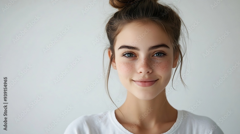 Smiling positive female with attractive look wearing loose white Tshirt posing against white blank wall Happy woman with hair bun showing positive emotions after receiving pleasant com : Generative AI Smiling positive female with attractive look wearing loose white Tshirt posing against white blank wall Happy woman with hair bun showing positive emotions after receiving pleasant com : Generative AI