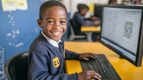 Young African student in a school uniform happily interacting with a computer at his desk, surrounded by a blue and yellow color scheme, shown in natural light with high-definition clarity.