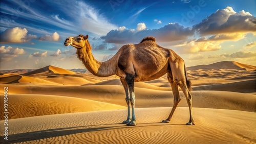 Magnificent dromedary camel standing proudly in the desert landscape, its single hump and long eyelashes a striking contrast against the vast sandy dunes. photo