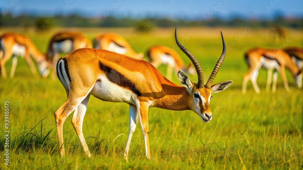 Magnificent Thomson's gazelle with brown coats and white stripes grazing in the lush green savannah grasslands of African wilderness under clear blue skies. Magnificent Thomson's gazelle with brown coats and white stripes grazing in the lush green savannah grasslands of African wilderness under clear blue skies.