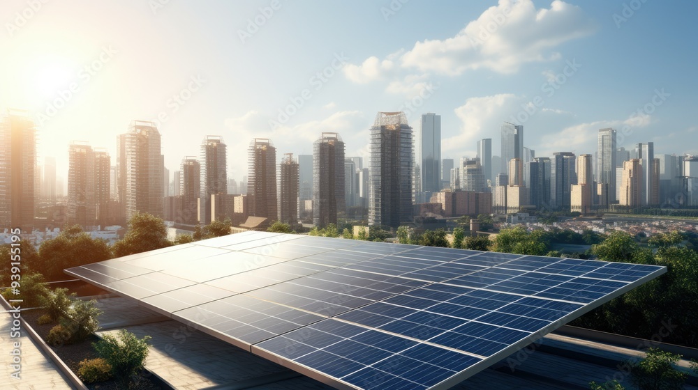 Fototapeta premium Solar panels on a rooftop with city skyline in the background