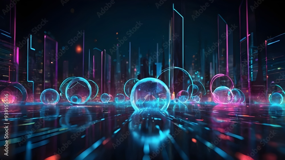 Innovation in Global Technology, Surreal Metaverse and Virtual Reality, 3D Neon Circle Concept Innovation in Global Technology, Surreal Metaverse and Virtual Reality, 3D Neon Circle Concept