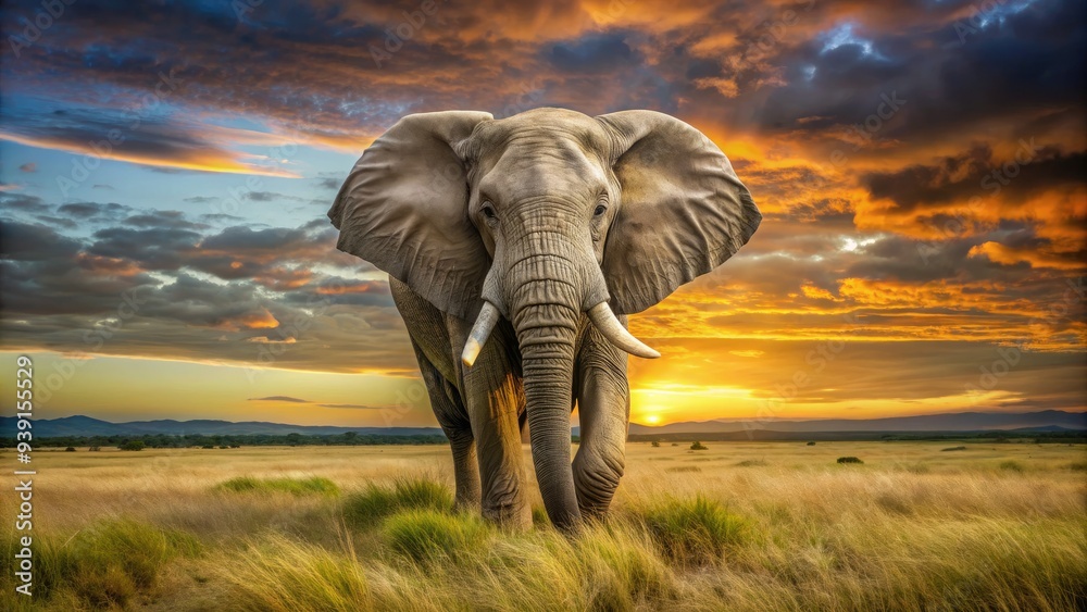 Fototapeta premium Majestic African elephant with wrinkled gray skin and tusks, curled trunk touching the ground, standing in a serene savannah landscape at sunset.
