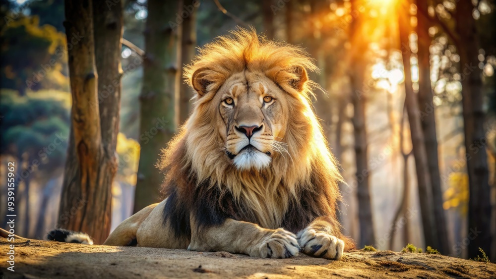 Naklejka premium Majestic Asiatic lion with a shaggy mane and piercing eyes sits regally in a dry, sun-drenched forest, its tawny fur blending with the surroundings.