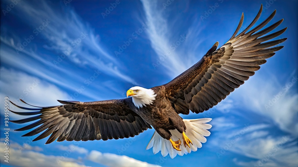 Majestic bald eagle soaring through a clear blue sky, wings outstretched, feathers glistening in sunlight, freedom and power embodied in its regal flight. Majestic bald eagle soaring through a clear blue sky, wings outstretched, feathers glistening in sunlight, freedom and power embodied in its regal flight.