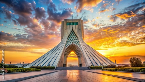 Majestic Azadi Tower stands tall in Tehran, Iran, its curved white marble facade and intricate arches glowing golden in the warm light of sunset. photo