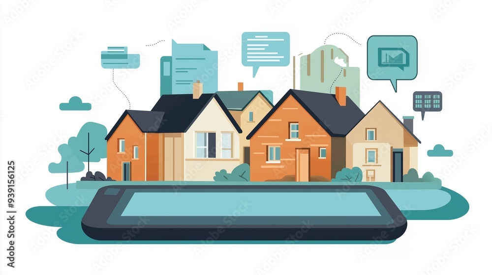A vibrant cityscape with colorful house and speech bubbles. A vibrant cityscape with colorful house and speech bubbles.
