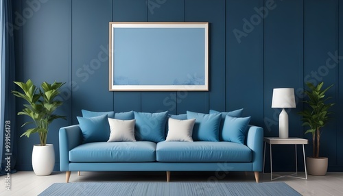 Interior mockup In a white room a blue sofa is placed next to a photo frame on the wall