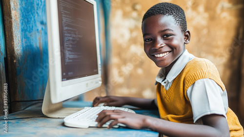 Happy African boy in school uniform at his desk with a computer, against a colorful blue and yellow background, highlighted in natural light with detailed high-resolution imaging.