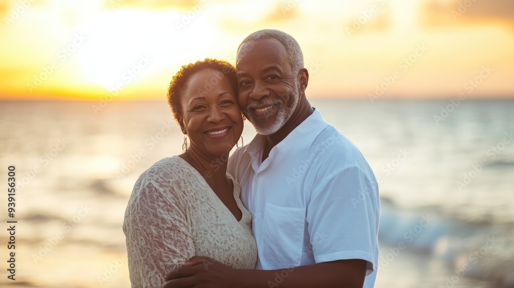 Obraz premium Elderly Black couple sharing smiles and love by the shoreline