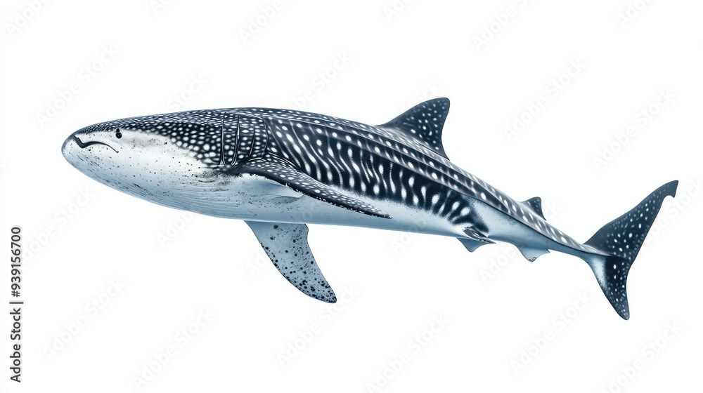 High-resolution image of a whale shark in mid-jump above the ocean, isolated on a pure white background High-resolution image of a whale shark in mid-jump above the ocean, isolated on a pure white background