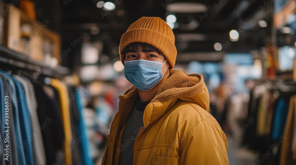 Fashionable Man with Mask Examining Clothing Options Fashionable Man with Mask Examining Clothing Options