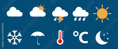 Modern weather icons set. Flat vector symbols on blue background.
