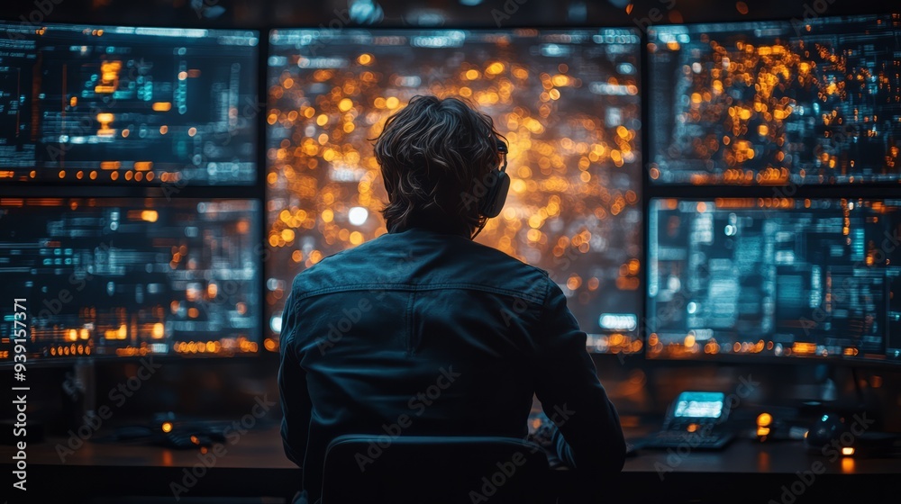 AI-powered cybersecurity system monitoring network traffic, detecting threats, and protecting data