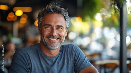 People and lifestyle concept Happy middleaged unshaven man wearing casual tshirt looking at camera with cheerful smile while having lunch at outdoor cafe sitting against green interior : Generative AI