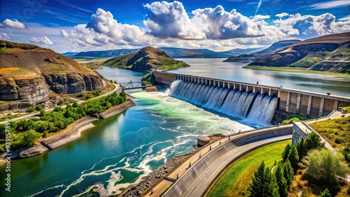 Majestic Grand Coulee Dam on the Columbia River, a massive concrete structure with powerful water flow, surrounded by lush greenery and blue skies.