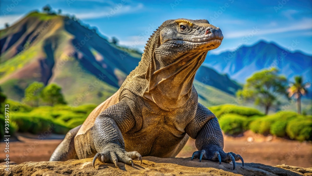 Majestic Komodo dragon, the world's largest lizard, stands tall on a dry, rocky terrain, its scaly skin glistening in the bright, tropical sunlight. Majestic Komodo dragon, the world's largest lizard, stands tall on a dry, rocky terrain, its scaly skin glistening in the bright, tropical sunlight.