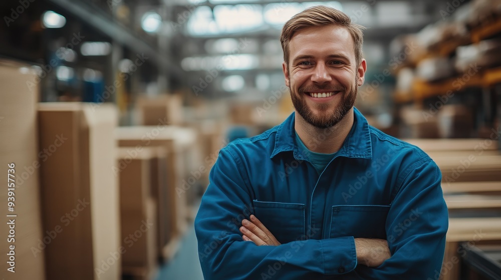 Efficient Worker in Blue Uniform at Furniture Assembly Station Efficient Worker in Blue Uniform at Furniture Assembly Station