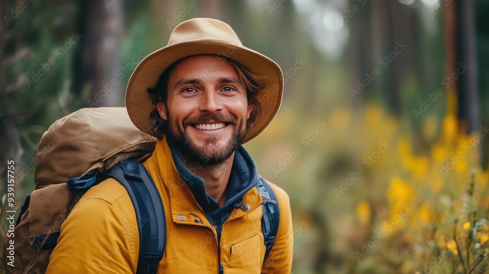 Attractive Hiker Smiling Amidst Forest Greens
