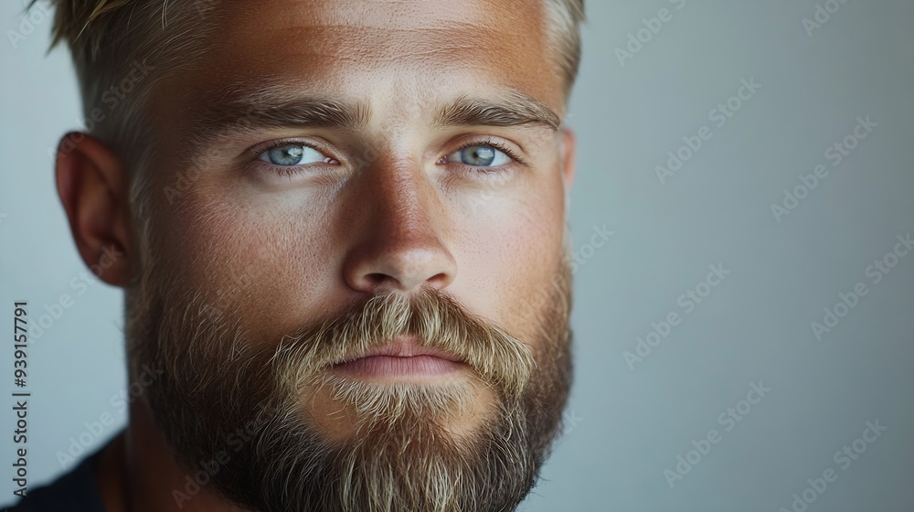 Obraz premium Sideways portrait of natural blond Caucasian man on white background Bearded hipster with clean shaved temples and stylish welltrimmed moustaches looking serious and brutal with long f : Generative AI