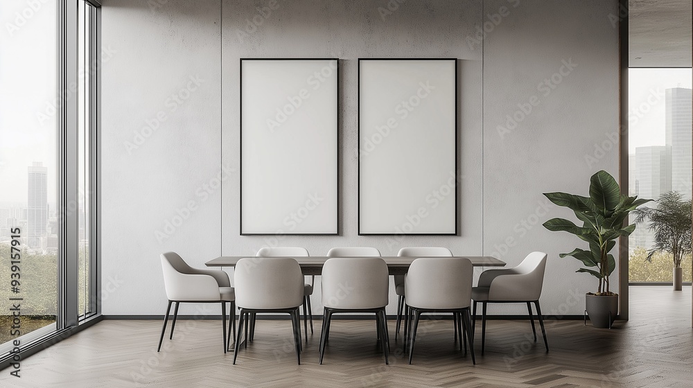 A modern dining room with a blank banner on wall and minimalist aesthetic. A modern dining room with a blank banner on wall and minimalist aesthetic.
