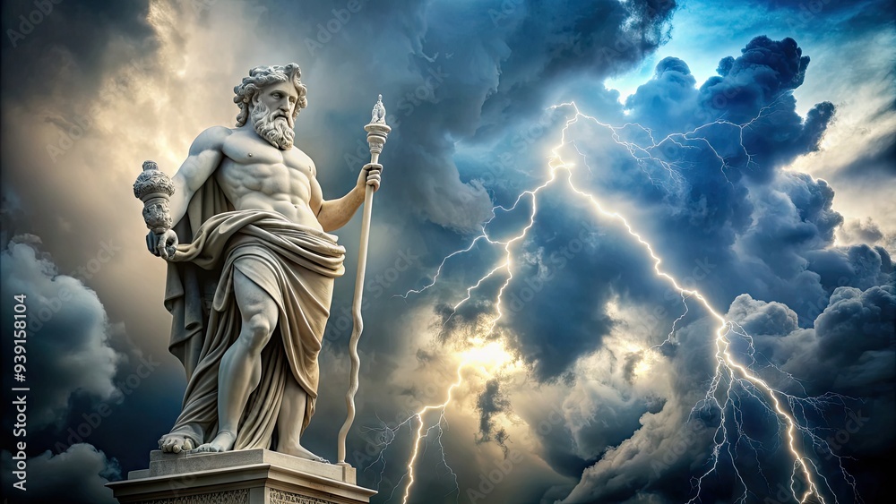 Majestic marble statue of powerful Jupiter, king of gods, standing atop a cloud, lightning bolt in hand, surrounded by intricate ancient Roman architectural elements. Majestic marble statue of powerful Jupiter, king of gods, standing atop a cloud, lightning bolt in hand, surrounded by intricate ancient Roman architectural elements.