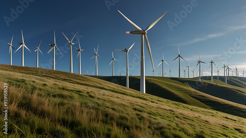 A row of wind turbines turning slowly on a grassy hillside under a bright blue sky. Background