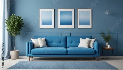 Interior mockup In a white room a blue sofa is placed next to a photo frame on the wall