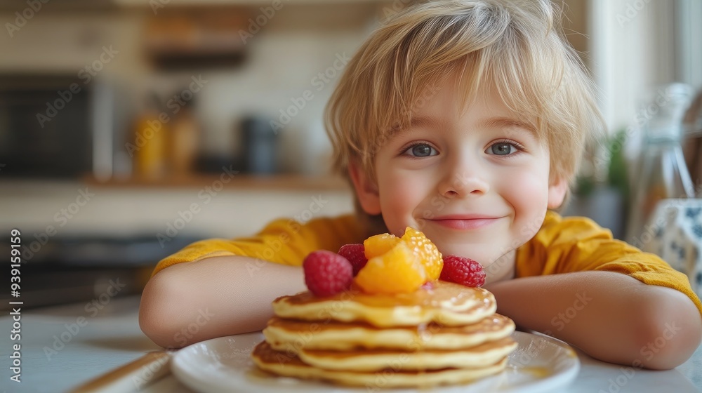 Smiling Boy Eats Delicious Pancakes with Fruit and Milk Smiling Boy Eats Delicious Pancakes with Fruit and Milk