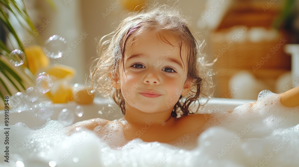 Happy Child Enjoying Foamy Bath with Soap Bubbles Happy Child Enjoying Foamy Bath with Soap Bubbles