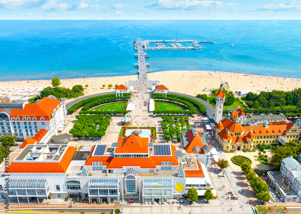 Sunny landscape of the resort town of Sopot and Molo - pier on the Baltic Sea. Poland