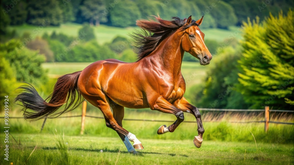 Majestic thoroughbred horse gallops freely in lush green pasture, its powerful muscles rippling beneath a shiny chestnut coat as it runs with unbridled energy. Majestic thoroughbred horse gallops freely in lush green pasture, its powerful muscles rippling beneath a shiny chestnut coat as it runs with unbridled energy.
