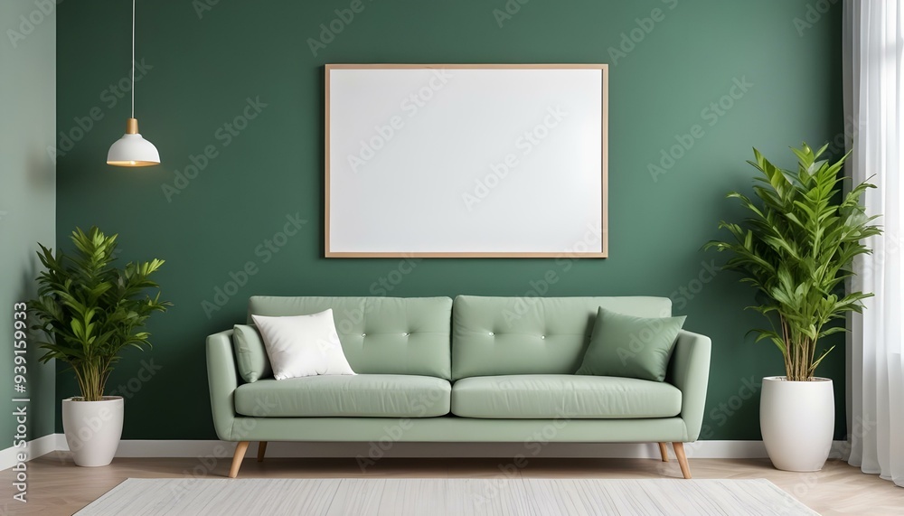 Interior mockup In a white room a blue sofa is placed next to a photo frame on the wall Interior mockup In a white room a blue sofa is placed next to a photo frame on the wall