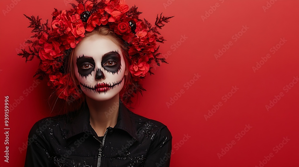 Studio shot of lovely woman wears halloween makeup dressed in black outfit red wreath has zombie image looks with scaring expression isolated over rosy background free space for your p : Generative AI Studio shot of lovely woman wears halloween makeup dressed in black outfit red wreath has zombie image looks with scaring expression isolated over rosy background free space for your p : Generative AI