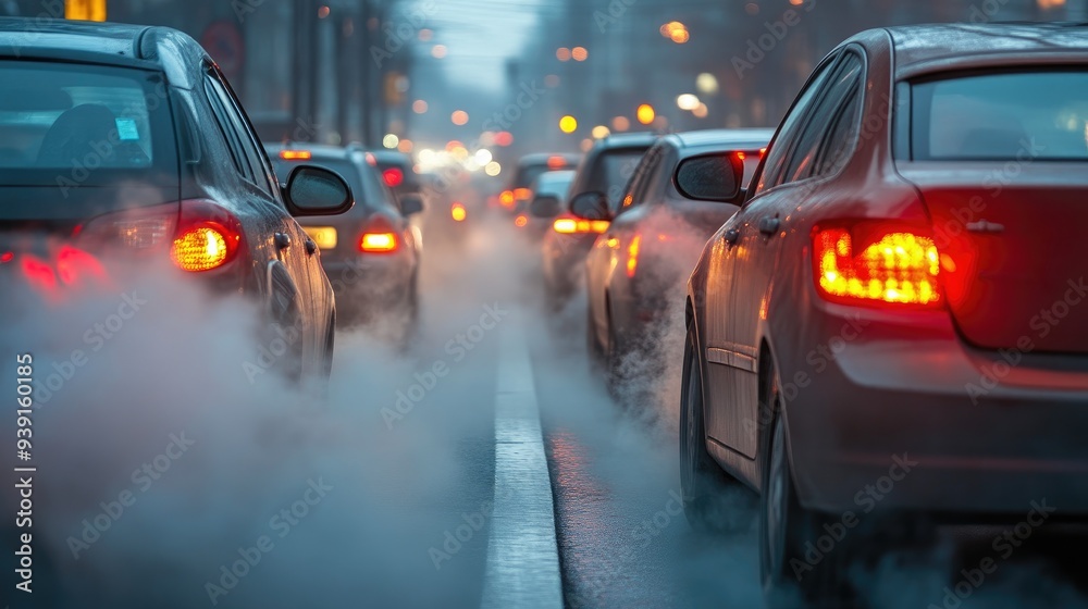 Dense Car Traffic Creating Smog and Pollution in City Streets Dense Car Traffic Creating Smog and Pollution in City Streets