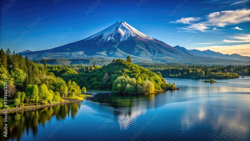 Majestic Villarrica volcano towers above serene Lake Villarrica, surrounded by lush green forests and rolling hills in Pucon, Chile's scenic Lake District. Majestic Villarrica volcano towers above serene Lake Villarrica, surrounded by lush green forests and rolling hills in Pucon, Chile's scenic Lake District.