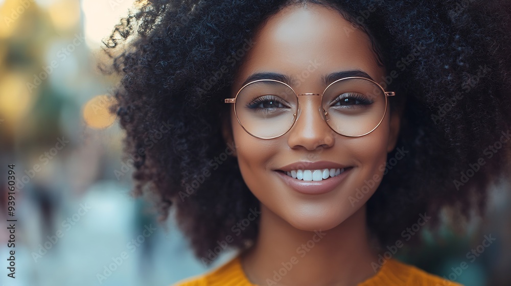 Portrait of charismatic and charming young African woman with curly hair wearing sylish spectacles smiling widely narrowing her eyes in expectation of surprise from her boyfriend looki : Generative AI