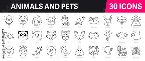 Animals and Pets Outline Vector Icon Collection. A set of outline icons related to Dog, Cat, Tiger, Monkey, Veterinarian, Animal Care, Fish and more. Editable stroke. Vector illustration