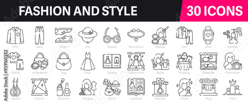 Fashion and Style Outline Vector Icon Collection. A set of outline icons related to  Clothing, Accessories, Beauty, Bag, Fashion show, Model, Jewelry and more. Editable stroke. Vector illustration
