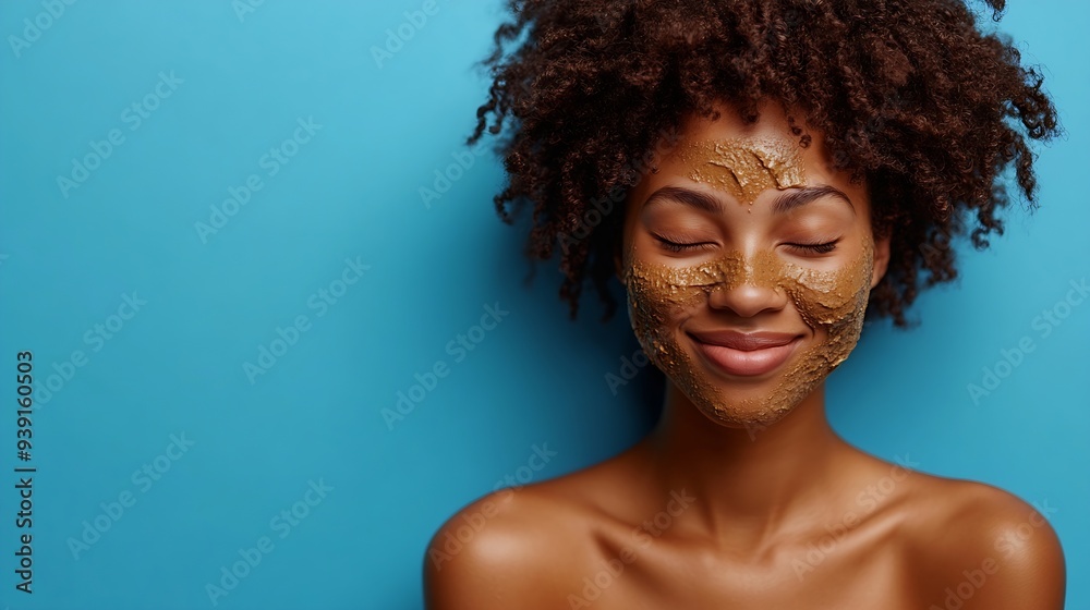 Cheerful dark skinned lady applies coffee scrub on face pampers skin closes eyes from pleasure smiles positively has bare shoulders stands against blue background free space aside Beau : Generative AI Cheerful dark skinned lady applies coffee scrub on face pampers skin closes eyes from pleasure smiles positively has bare shoulders stands against blue background free space aside Beau : Generative AI