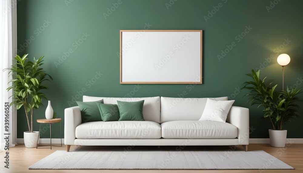 Interior mockup In a white room a blue sofa is placed next to a photo frame on the wall Interior mockup In a white room a blue sofa is placed next to a photo frame on the wall