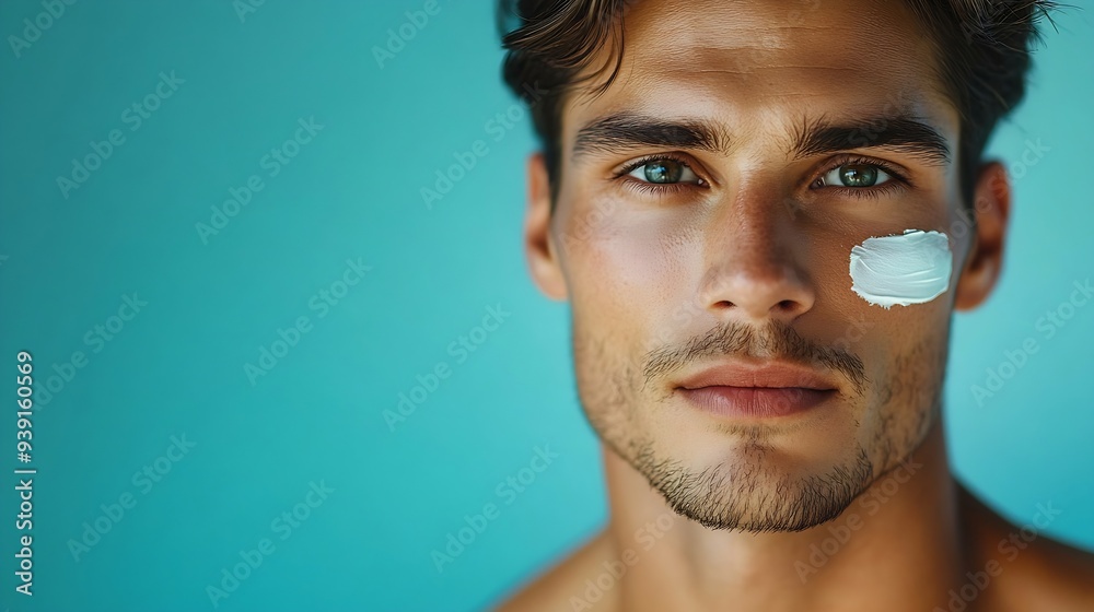 Fototapeta premium Close up shot of attractive man with healthy skin applies cream for anti wrinkle or anti aging cares of body poses naked or shirtless isolated over blue background with free space for : Generative AI