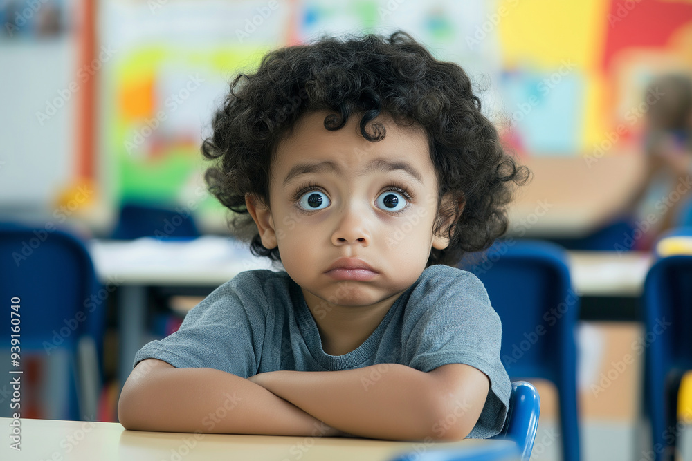 A young boy with dark hair and a surprised expression sits at a desk A young boy with dark hair and a surprised expression sits at a desk
