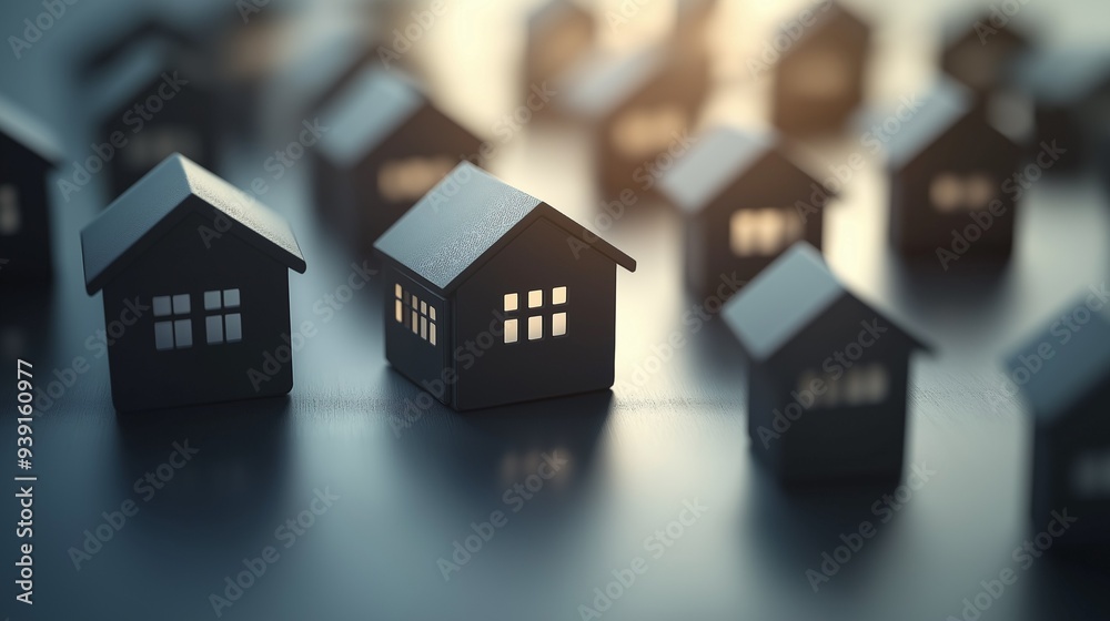 A miniature black houses on a black table. A miniature black houses on a black table.