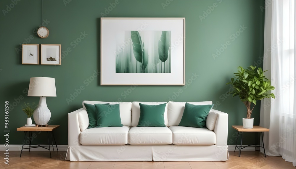 Interior mockup In a white room a blue sofa is placed next to a photo frame on the wall Interior mockup In a white room a blue sofa is placed next to a photo frame on the wall