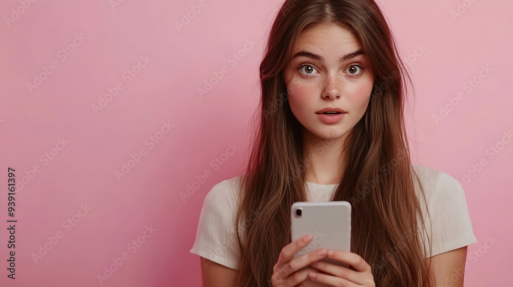 Horizontal shot of pretty young female with long hair looks with bugged eyes holds modern smart phone recieves unexpcted message from friend reads reminder isolated over pink backgroun : Generative AI Horizontal shot of pretty young female with long hair looks with bugged eyes holds modern smart phone recieves unexpcted message from friend reads reminder isolated over pink backgroun : Generative AI