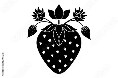  strawberry silhouette with floral pattern vector illustration 