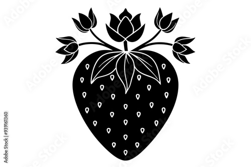  strawberry silhouette with floral pattern vector illustration 