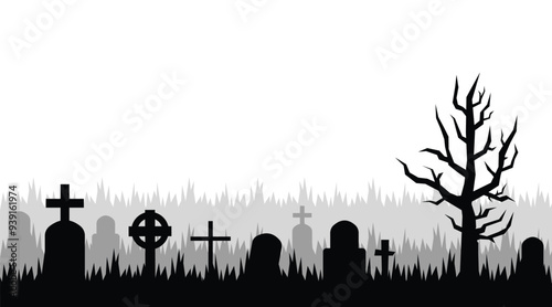 Old cemetery silhouette, abandoned graveyard in Halloween night background. Scary spooky cemetery with graves and tree
